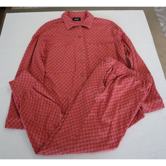 Monrow Women Sz S Red L/S Button-Up Shirt & Jogger Pants Oversized 2-Pc Set - Picture 1 of 13